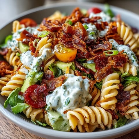 Creamy BLT pasta salad with crispy bacon, ripe avocado, and fresh tomatoes in a tangy dressing.