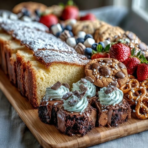 A vibrant graduation party dessert board featuring cake slices, cookies, and brownie bites with fresh berries.