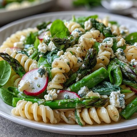Spring Pasta Salad with Lemon Vinaigrette and Radishes - A colorful pasta salad bursting with crisp radishes, tender asparagus, and sugar snap peas, all tossed in a bright lemon dressing.