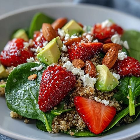 Strawberry Avocado Quinoa Salad with juicy berries and creamy avocado in a bright citrus dressing, served as a refreshing vegetarian lunch.  