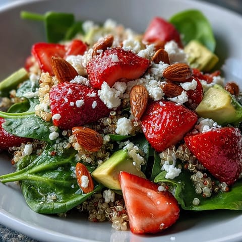 Colorful quinoa salad bursting with strawberries, avocado, and fresh greens, topped with toasted nuts for a satisfying gluten-free side dish.  