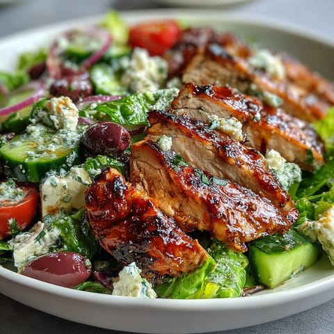 Greek Salad Bowl with Grilled Chicken: juicy chicken over crisp romaine, tomatoes, cucumbers, olives, and feta with tangy lemon-oregano dressing.  
