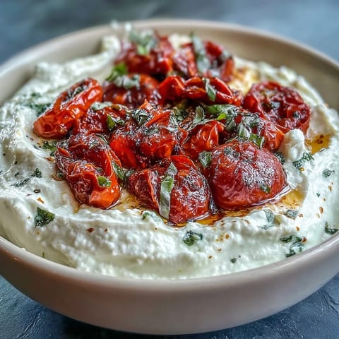 Creamy whipped feta dip with roasted cherry tomatoes, garnished with fresh basil and olive oil for a Mediterranean appetizer.  