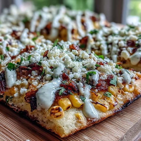 Festive Cinco de Mayo Street Corn Flatbread topped with charred corn and jalapeño crema.