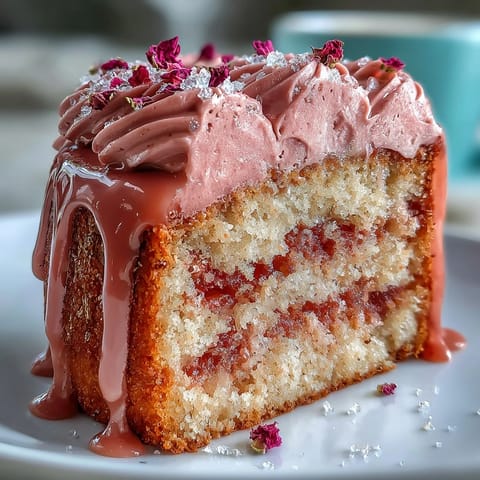 Elegant Bridal Shower Rosé Velvet Cake with shimmering gold drip decoration.