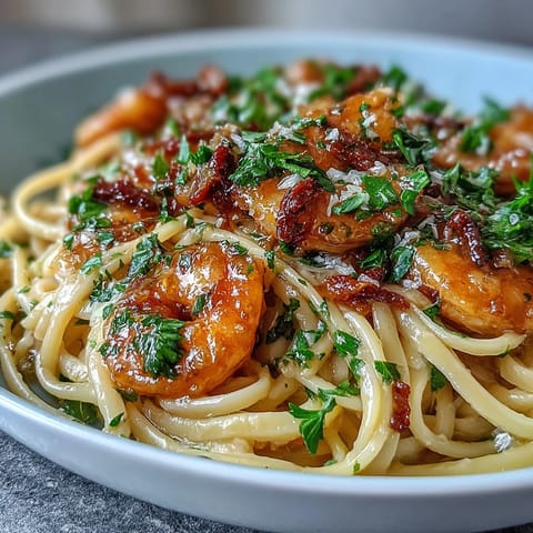 Tantalizing Shrimp Scampi Linguine with garlic, lemon, and white wine sauce.