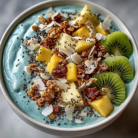 Vibrantly blue spirulina smoothie bowl topped with fresh, colorful tropical fruit.