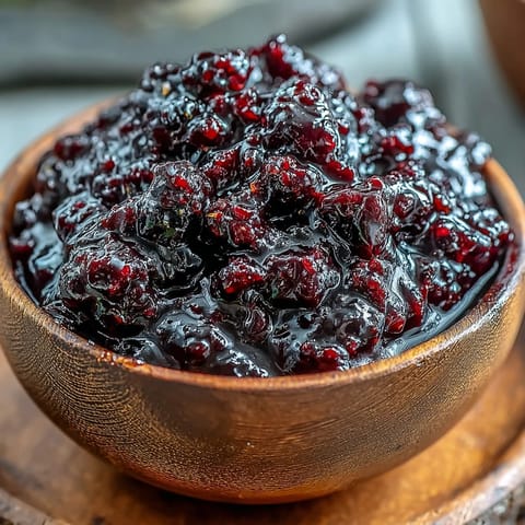 Homemade Blackberry Jalapeño BBQ Sauce glistening, perfect for grilling any meat.