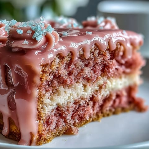 Show-stopping Rosé Velvet Cake, shimmering gold drip cascading over blush pink layers.