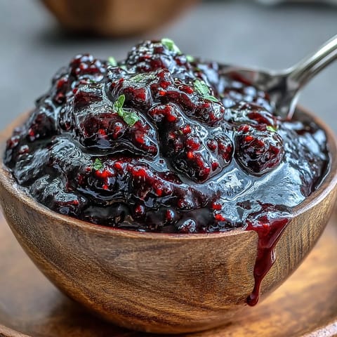 Glossy Blackberry Jalapeño BBQ Sauce, rich with sweet berries and spicy kick.