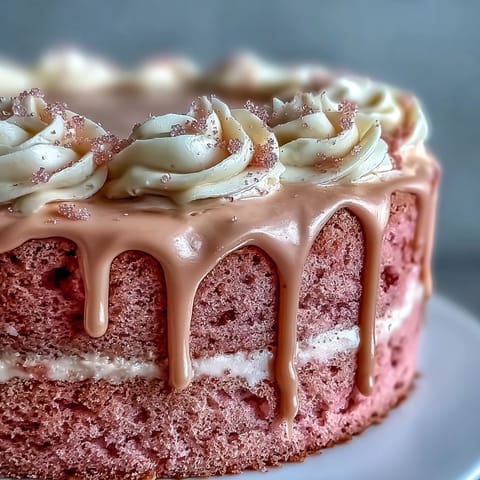 Bridal Shower Rosé Velvet Cake with elegant gold drip, a perfectly frosted sweet delight.