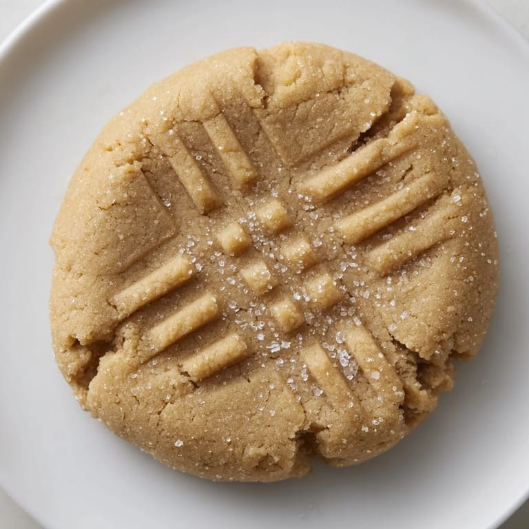 Fork-marked peanut butter cookies, fresh from the oven, offering a classic chewy texture.