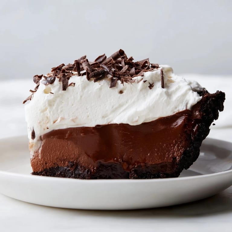 Close-up of a Mississippi Mud Pie, revealing the textures: smooth pudding, dense brownie, and airy whipped cream.