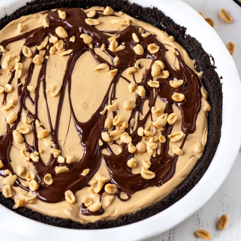 A slice of chilled Peanut Butter Pie, showing the layers of filling and chocolate cookie crust.
