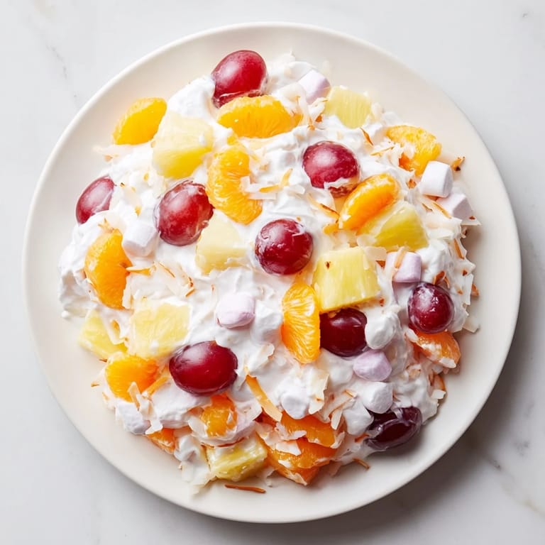 Brightly colored Ambrosia Salad: a classic, easy dessert filled with fruit and whipped topping.
