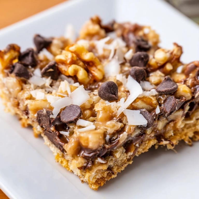 A tray of freshly baked Hello Dolly Bars with layered graham cracker, chocolate, coconut, a holiday treat.