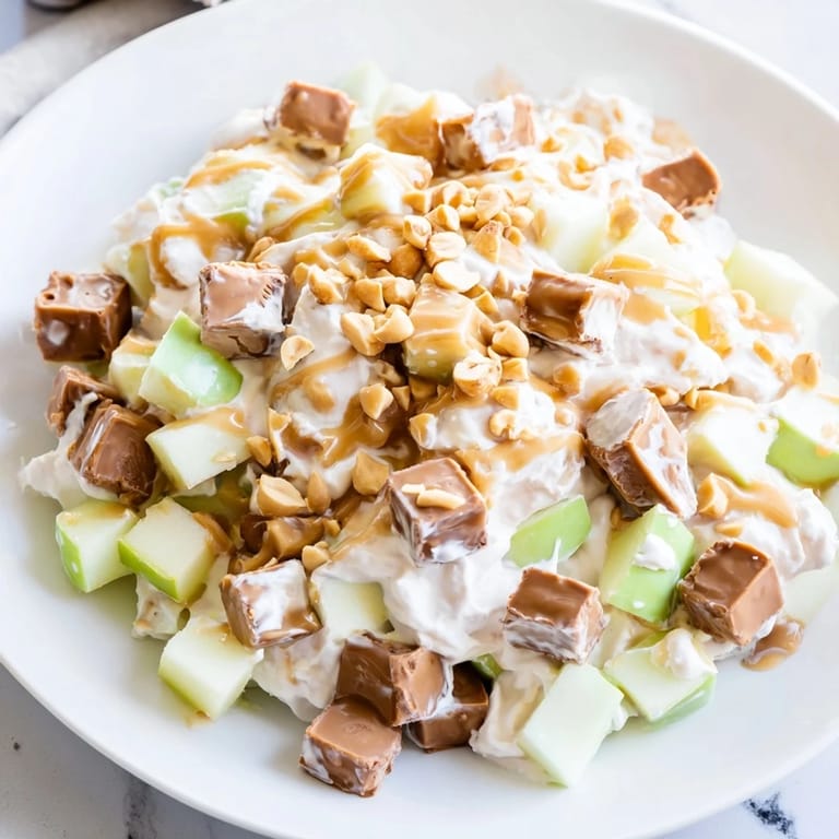 This easy Snickers Salad offers layers of texture with fresh apples and sweet caramel drizzle served cold.