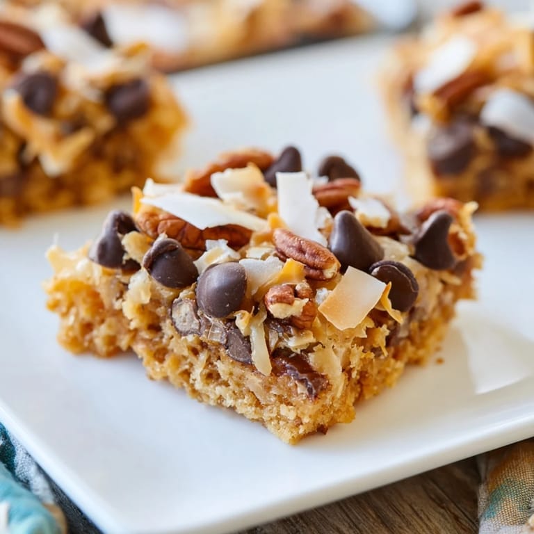 A close-up of delicious Magic Cookie Bars, the easy dessert layered with tempting, varied ingredients.
