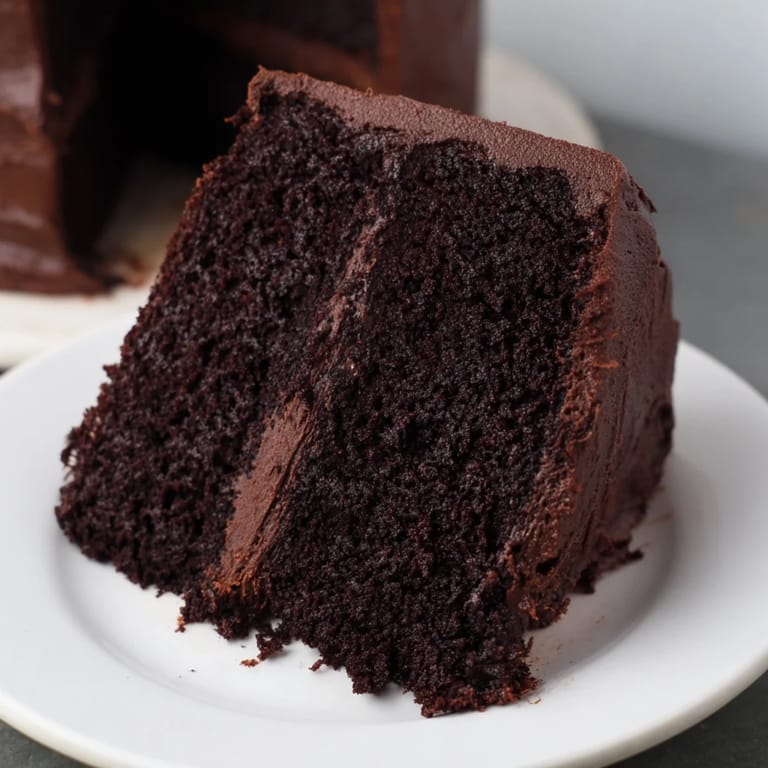 Close-up of a beautifully frosted Devil's Food Cake, ready to serve with a forkful in the foreground.