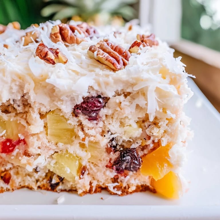 The baked fruit cocktail cake, glistening with coconut frosting and served for a joyful occasion.