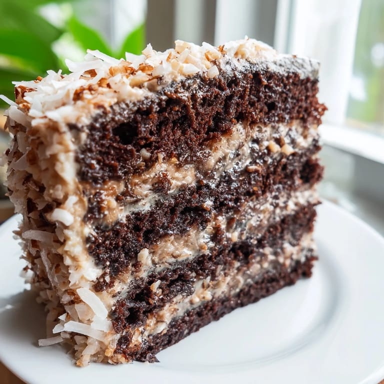 Close-up of a frosted German Chocolate Cake, highlighting the rich chocolate and textured frosting.