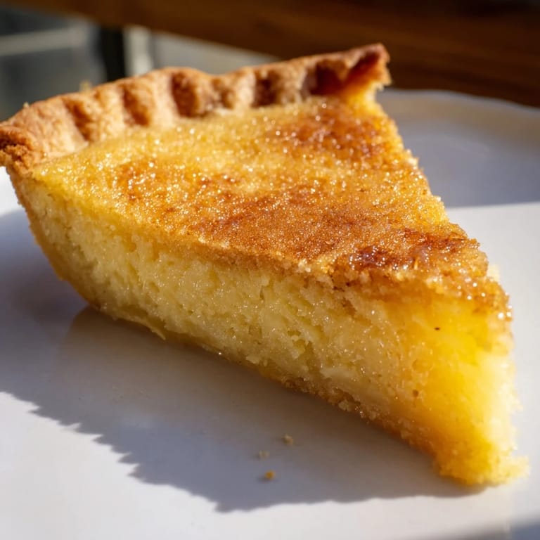 Homemade Chess Pie, offering a taste of Southern comfort with its rich, vanilla-infused custard interior.