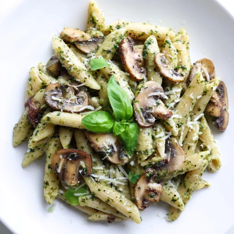 Creamy mushroom pesto pasta plated with grated Parmesan and a glass of white wine.