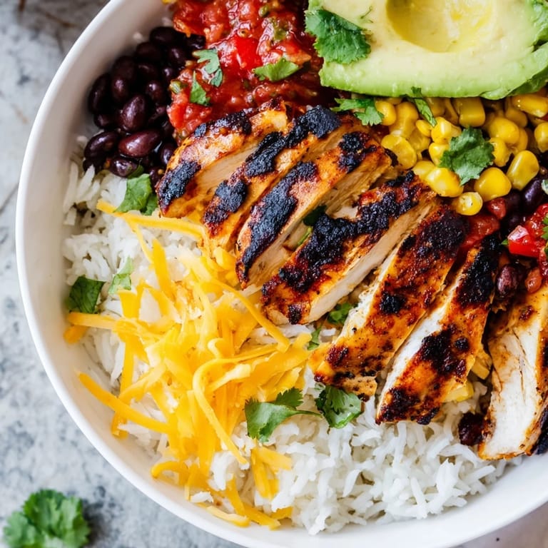 Close-up of a Spicy Chicken Burrito Bowl with charred chicken and melted cheese over rice and beans.