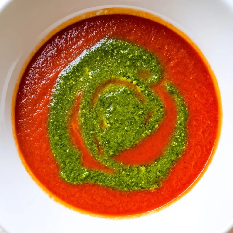 Vibrant Tomato Soup with Basil Pesto Swirl ladled into a white bowl, paired with a grilled cheese sandwich for dipping.