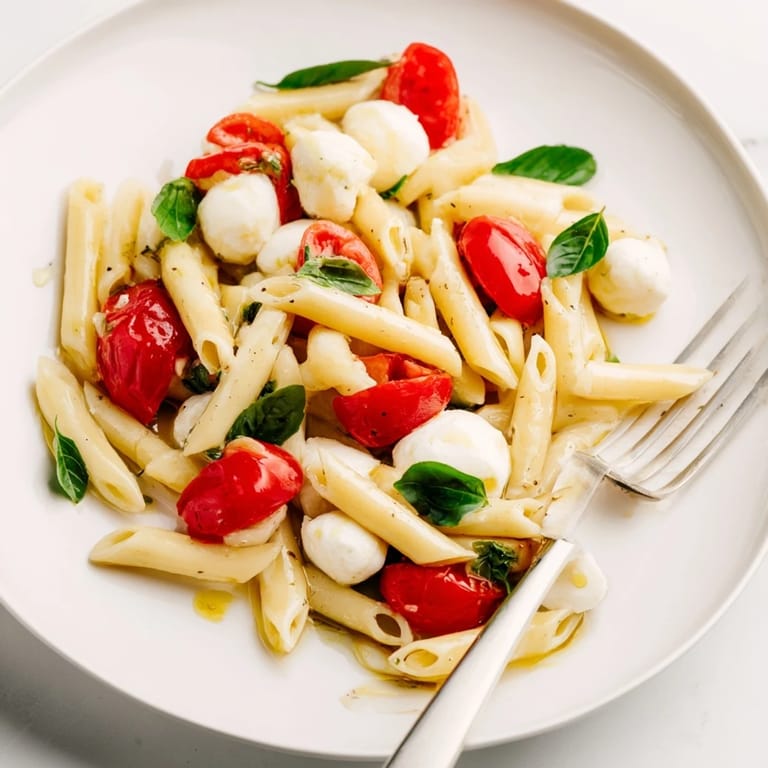 Close-up of Caprese Salad Pasta featuring al dente fusilli, juicy tomatoes, and mozzarella pearls glistening with a drizzle of olive oil.  
