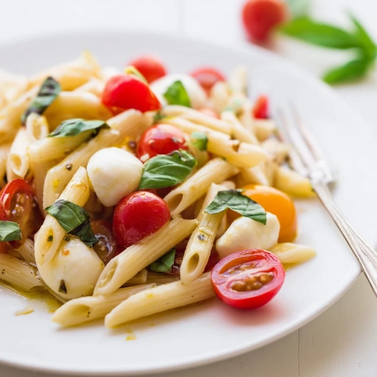 Serve this fresh Caprese Salad Pasta chilled as a light lunch or picnic dish, garnished with extra basil and a balsamic glaze.