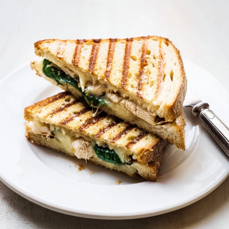 Savory Grilled Chicken Spinach Panini with juicy chicken, spinach, and melted cheese, served hot from the panini press.  