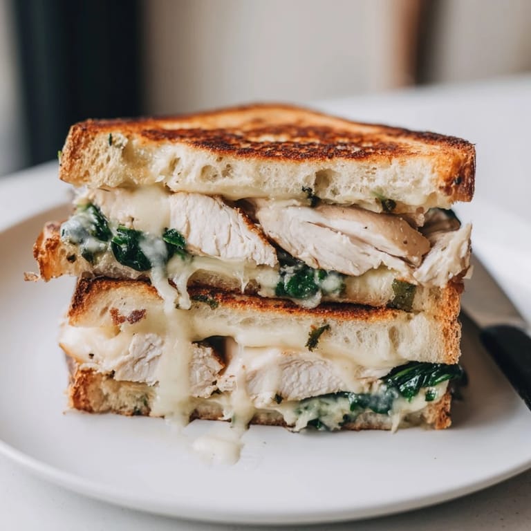 Fresh Grilled Chicken Spinach Panini stacked with herb-grilled chicken, spinach, and creamy cheese on buttery, toasted bread.