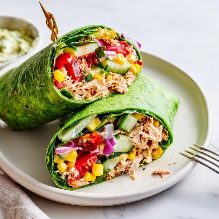 Freshly prepared BBQ Chicken Salad Wrap sliced in half, revealing a colorful filling of corn, cucumber, and red onion.