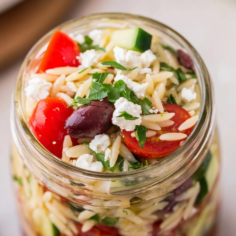 Shaken and tossed Greek Pasta Chicken Salad Jars showing creamy feta and juicy tomatoes in a serving bowl.
