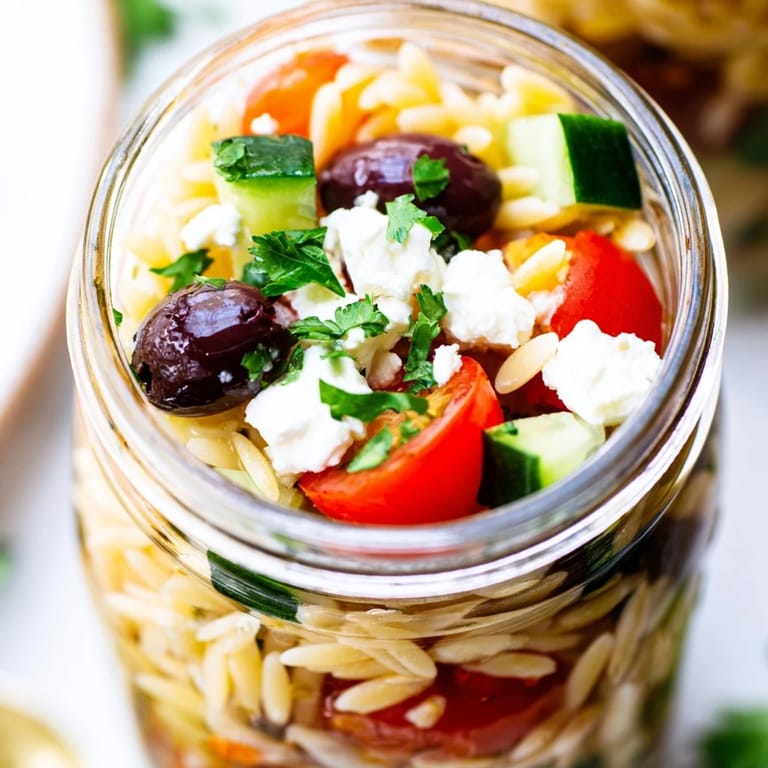 Overhead view of four meal prep Greek Pasta Chicken Salad Jars ready for grab-and-go lunches.