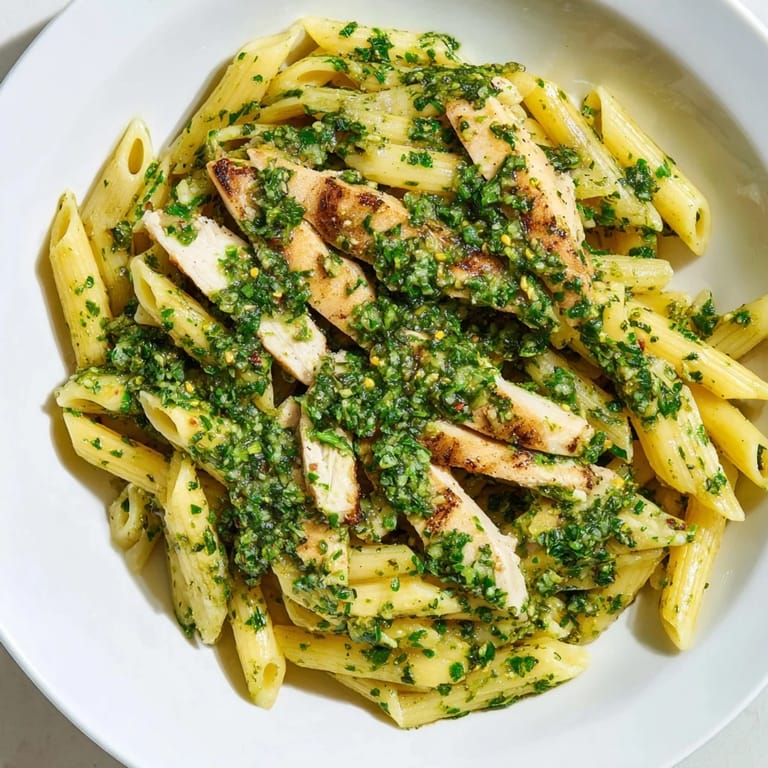 Freshly prepared Chimichurri Chicken Pasta plated on a rustic table, showcasing al dente noodles, juicy chicken, and vibrant herb drizzle.