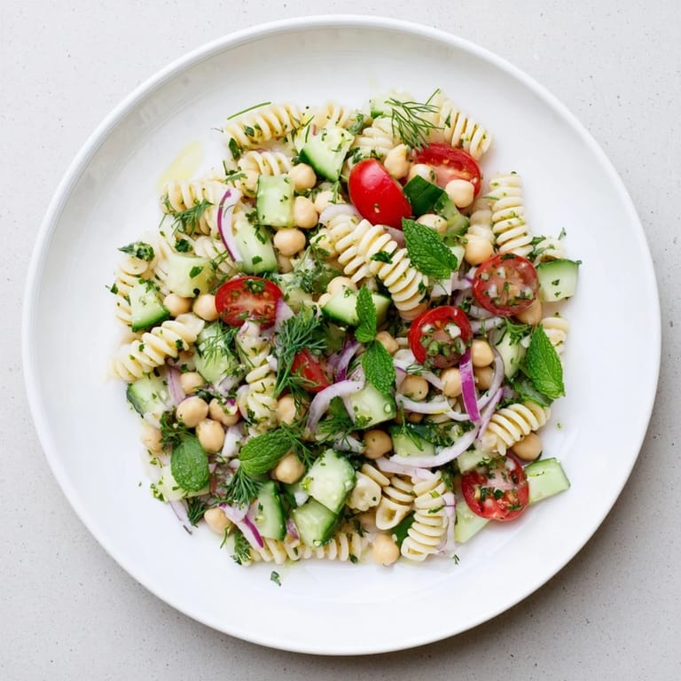 Bright Mediterranean Lemon Herb Chickpea Pasta Salad tossed with zesty lemon dressing and topped with optional crumbled feta cheese.