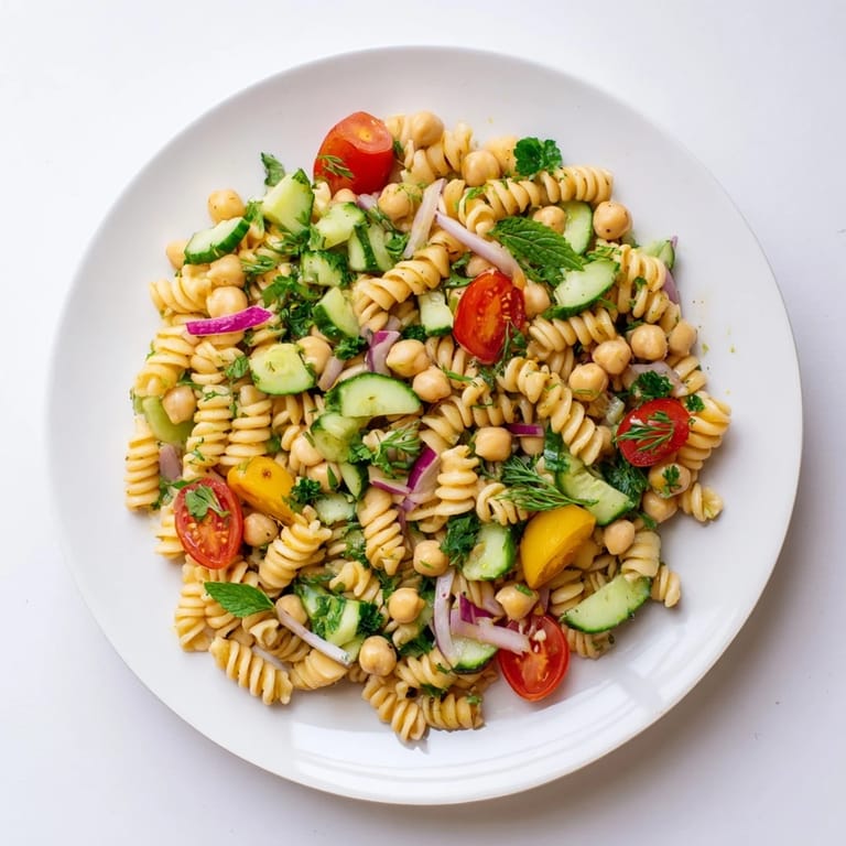 Refreshing, protein-packed Lemon Herb Chickpea Pasta Salad served on a picnic blanket alongside a glass of iced herbal tea.