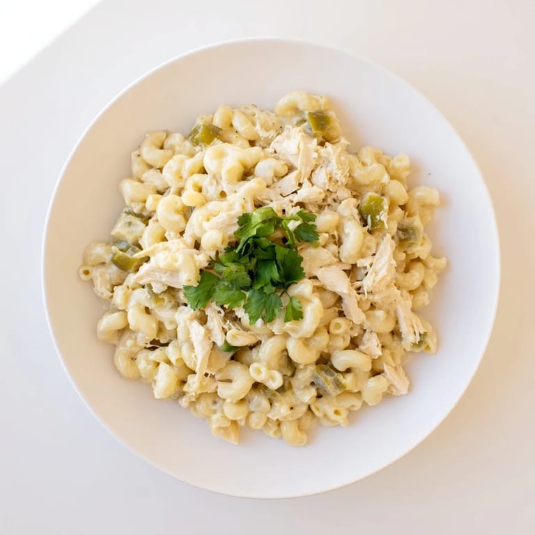 Spicy Green Chili Chicken Mac with tender shredded chicken, diced green chiles, and a garnish of fresh cilantro and jalapeño slices.