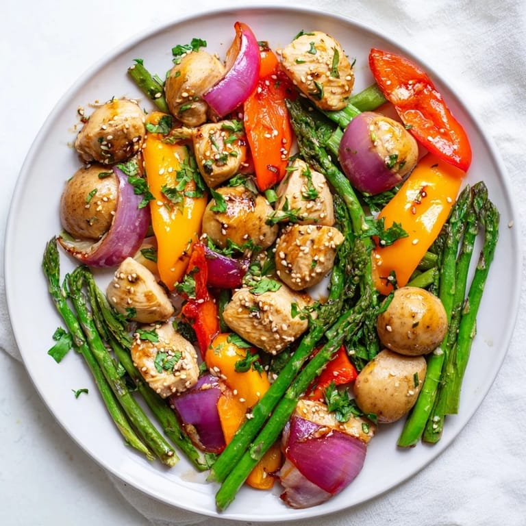 Tender bite-sized chicken and fresh vegetables from this Sheet Pan Honey Garlic Chicken & Veg recipe roast together, finished with parsley and sesame seeds.