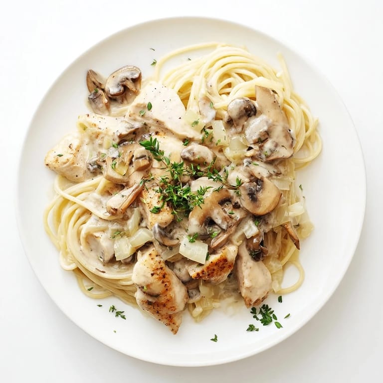 A comforting bowl of Creamy Mushroom Chicken Spaghettini features tender chicken and pasta in a light, savory mushroom cream sauce.