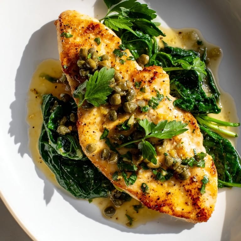 Juicy Spinach Lemon Butter Chicken in a glossy lemon-butter pan sauce, garnished with fresh parsley and served alongside wilted spinach.