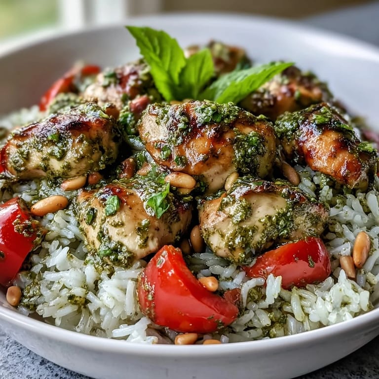 A comforting Chicken Pesto Rice Bowl topped with toasted pine nuts, Parmesan shavings, and vibrant cherry tomato halves.