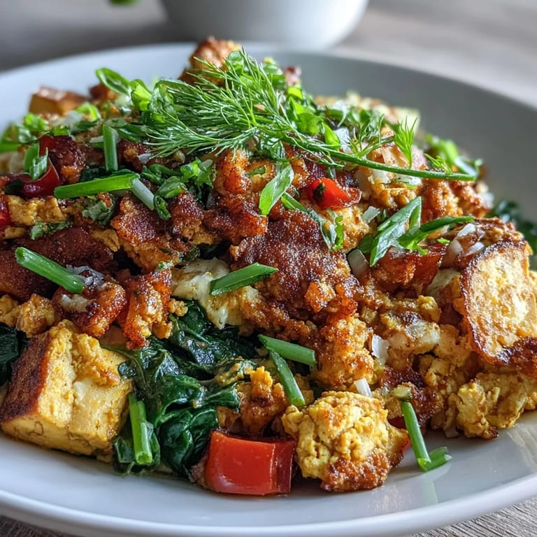 Fluffy tofu scramble seasoned with spices, ready to be served with toast.