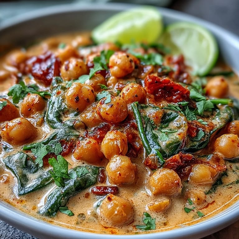 A hearty vegan Chickpea Curry, ready to be scooped with fluffy rice.
