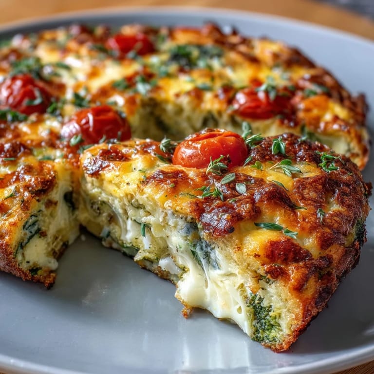 A rustic skillet holds a golden Vegetable Frittata with cherry tomatoes, spinach, and herbs, perfect for a hearty brunch.
