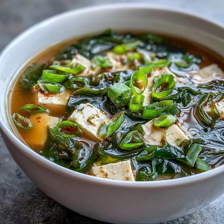 Miso soup with tender tofu cubes and vibrant green scallions, ready to eat.