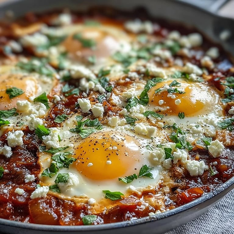 Savory Shakshuka dish, perfectly poached eggs atop a rich pepper sauce.