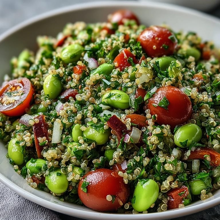 A healthy, protein-packed Edamame and Quinoa Salad ready for a light meal.